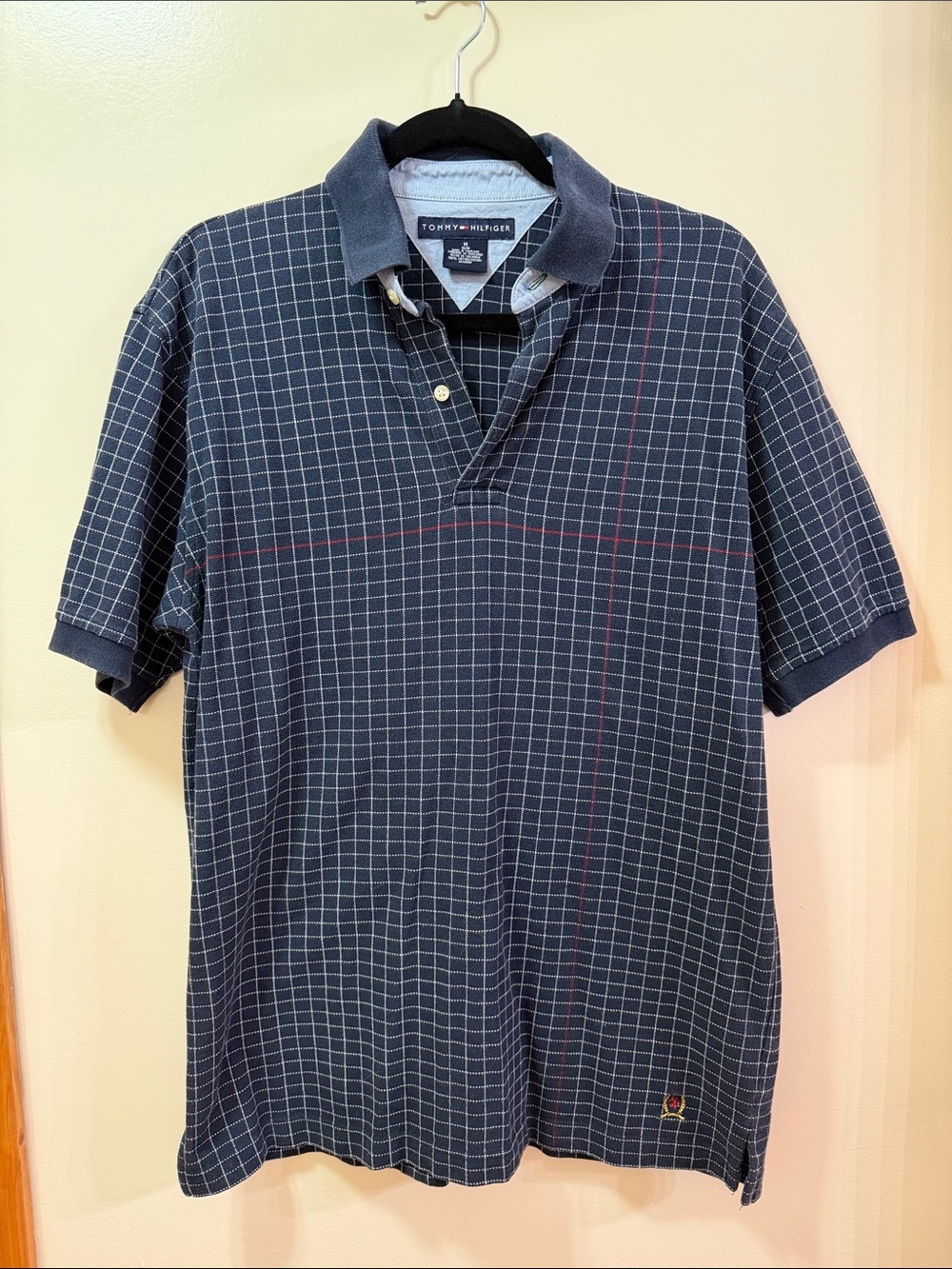 Tommy Hilfiger Navy Polo with White Windowpane and Red Accent